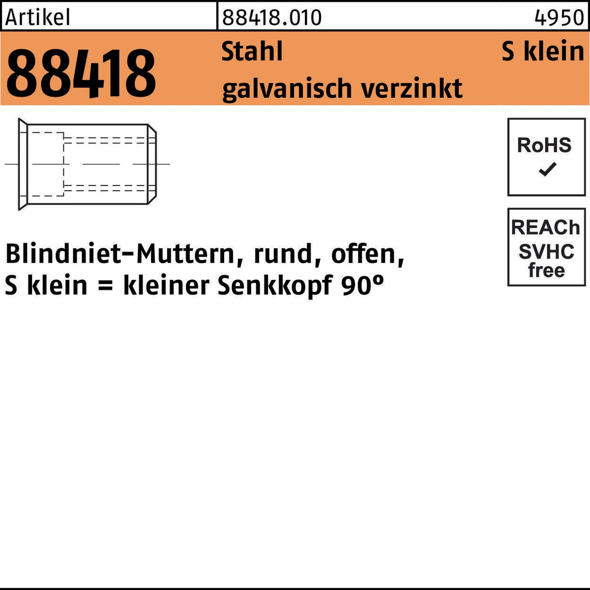 Blindnietmutter R 88418 SEKO M4 Stahl verzinkt 500 Stück