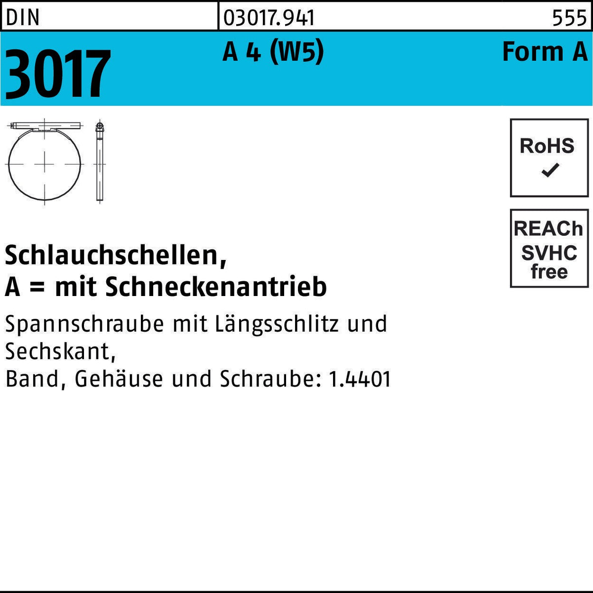 F. REYHER Schlauchschelle DIN 3017 W5 Schneckenantrieb A4 8-16 mm