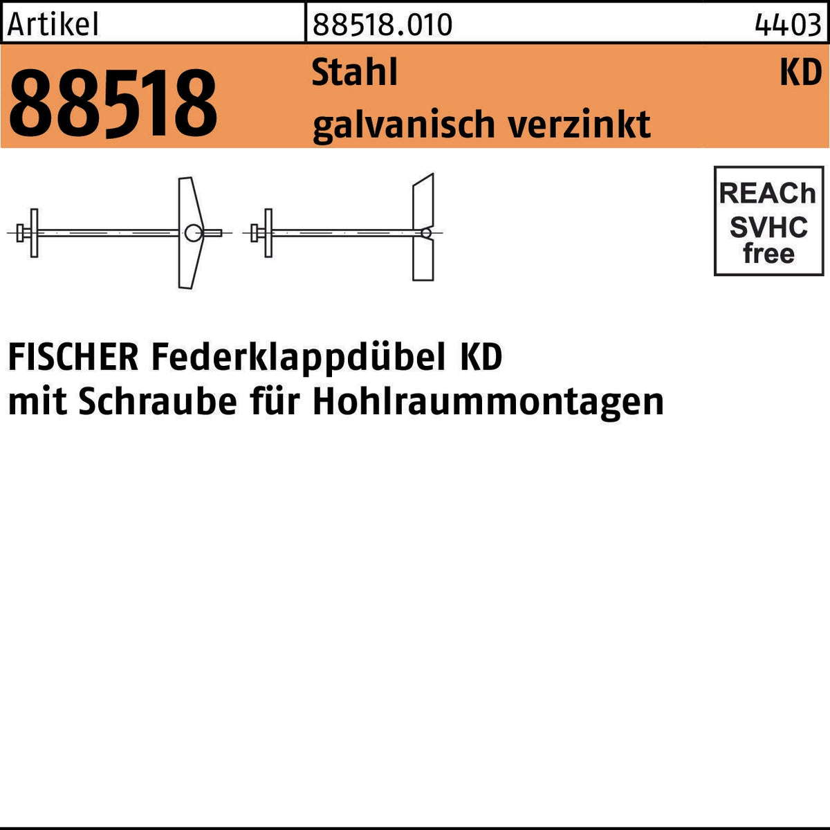 FISCHER Federklappdübel KD 3x95 mit Schraube, Stahl galvanisch verzinkt