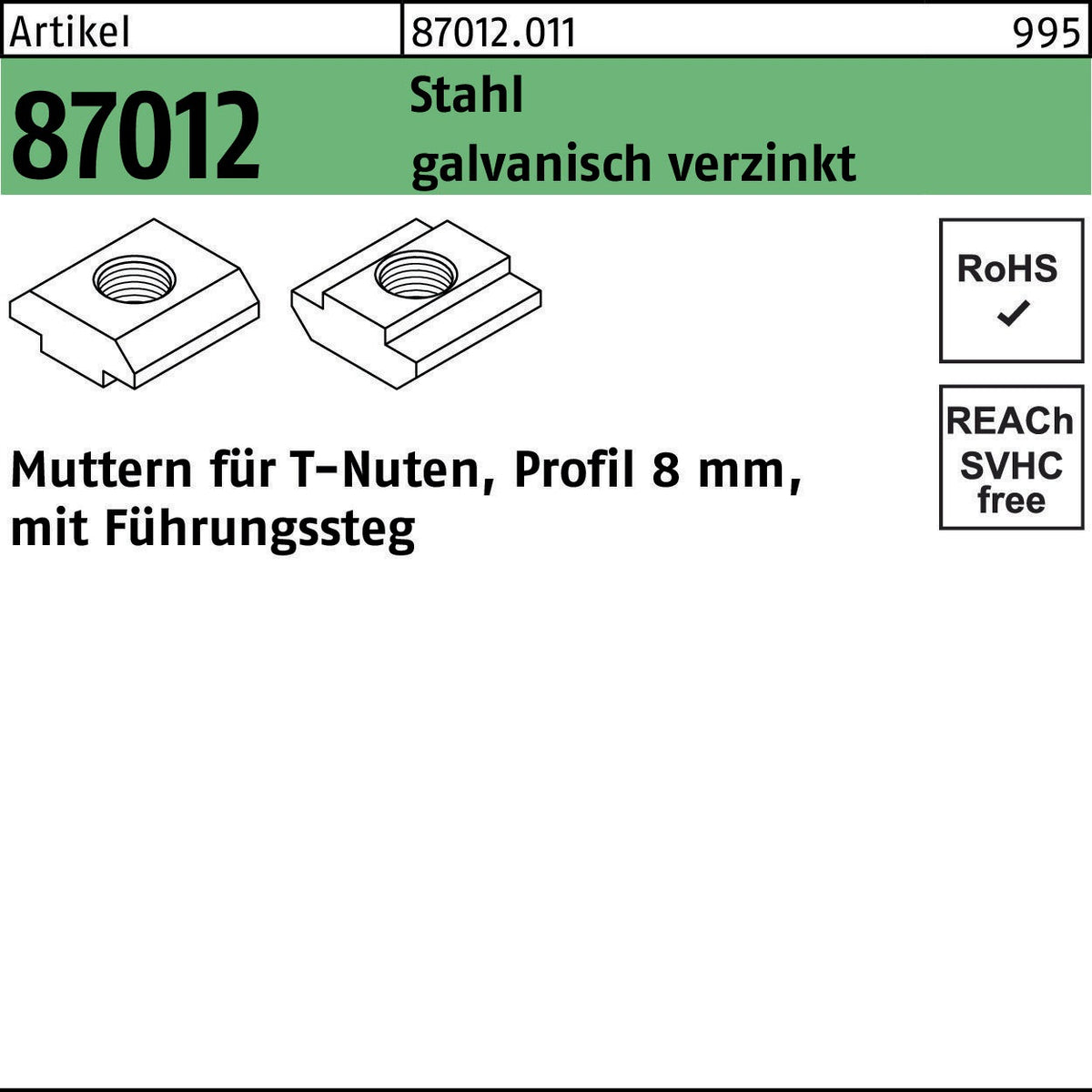 F. REYHER T-Nutenmutter R 87012 mit Führungssteg 8 mm M6 Stahl galvanisch verzinkt