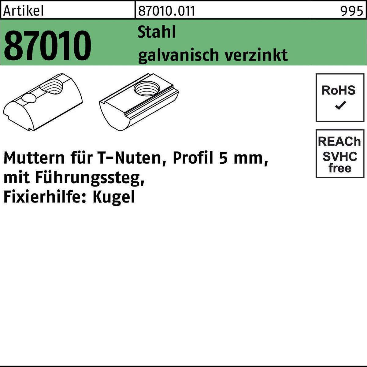 F. REYHER T-Nutenmutter R 87010 mit Führungssteg 5 mm M4 Stahl galvanisch verzinkt