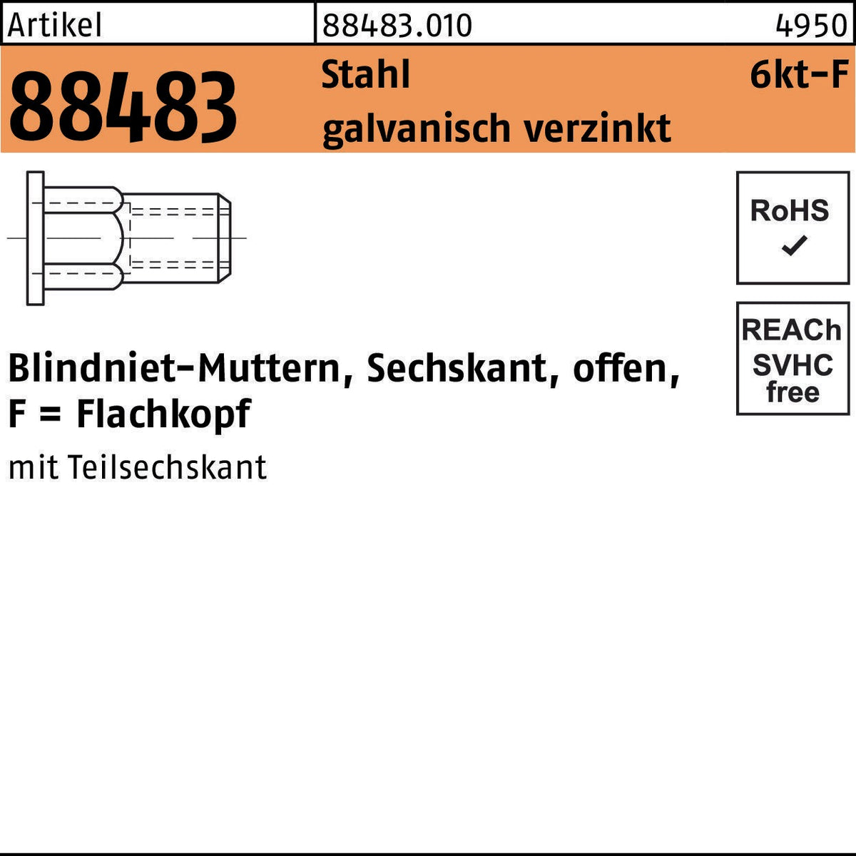 FLAKO Sechskantblindnietmutter R 88483 Stahl galvanisch verzinkt M4 500 Stück