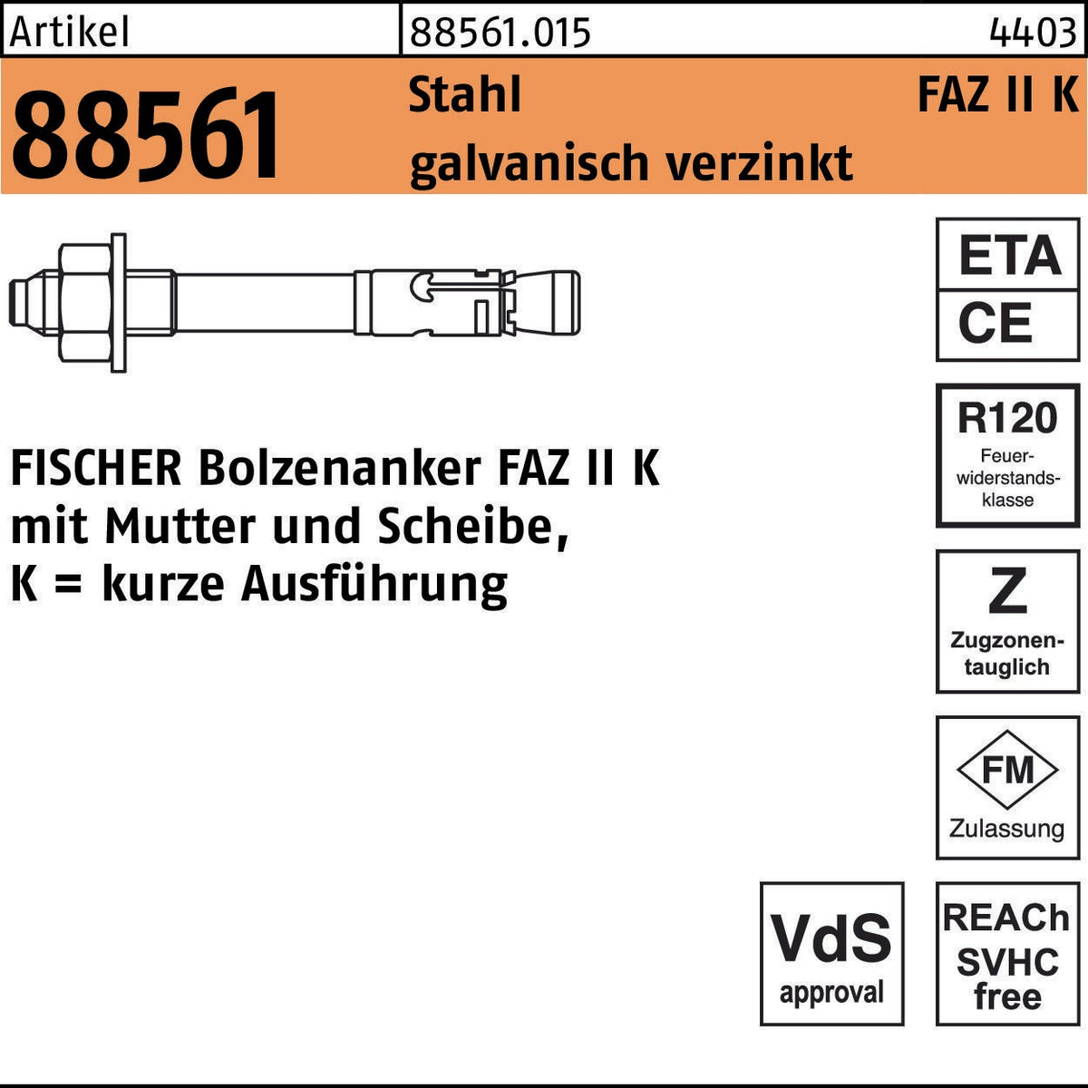 FISCHER Bolzenanker FAZ II 8/10 Stahl galvanisch verzinkt