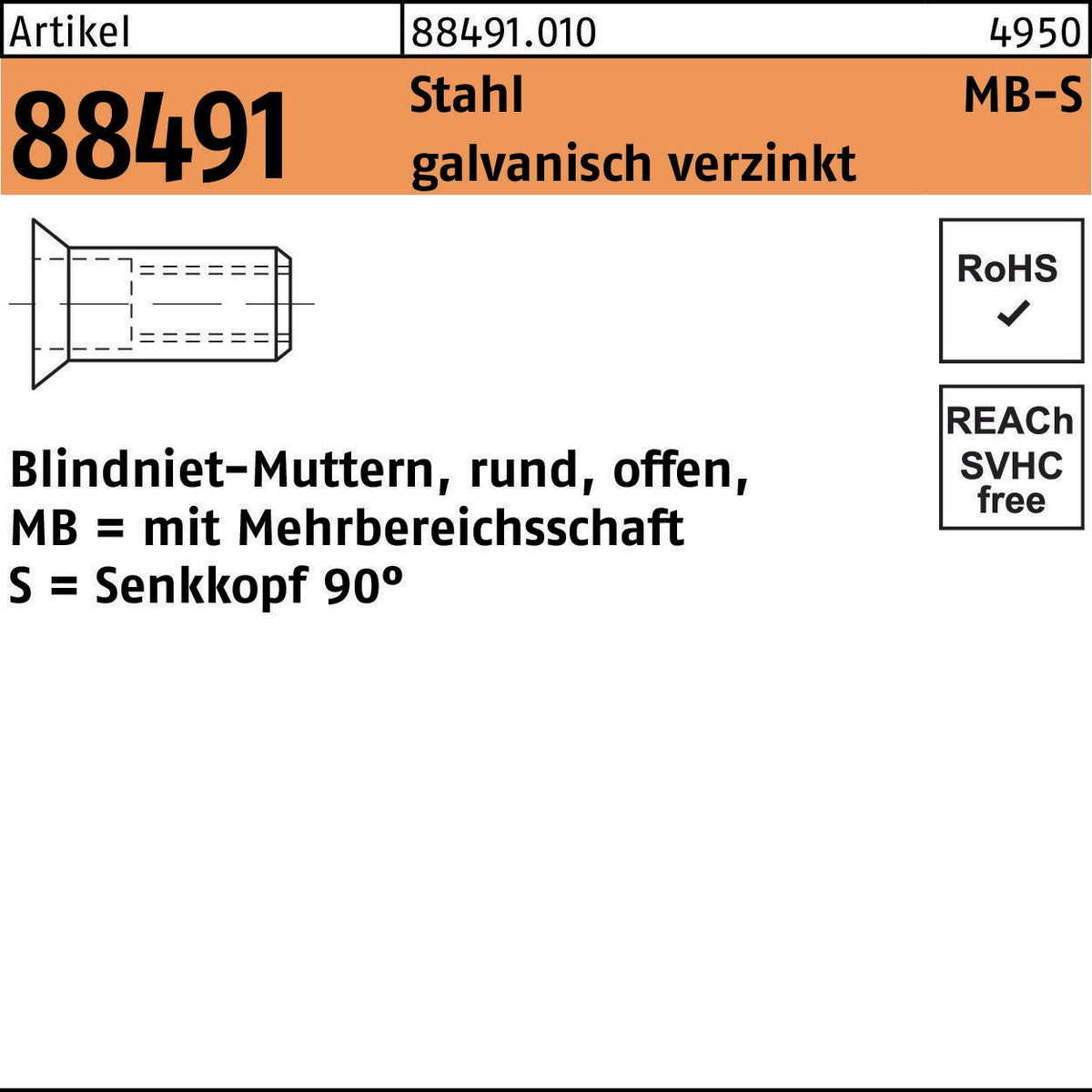 F. REYHER Blindnietmutter R 88491 M4/1,5–6,0 mm Stahl verzinkt