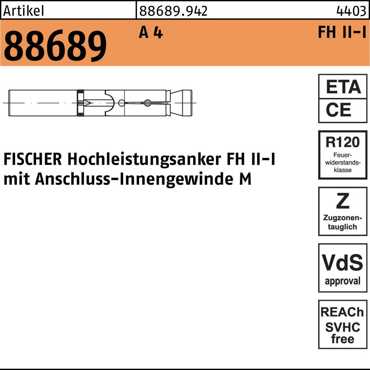 FISCHER Hochleistungsanker FH II-I 12/M 6 mit Innengewinde, Stahl galvanisch verzinkt