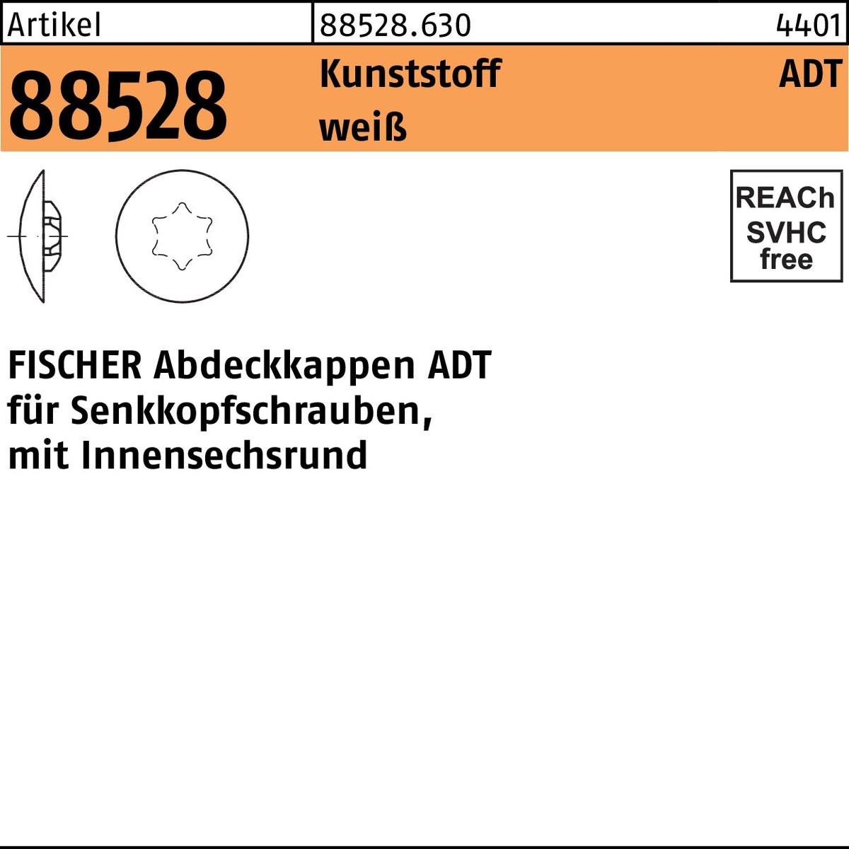 FISCHER Abdeckkappen ADT 18 mm Kunststoff weiß für Senkkopfschrauben