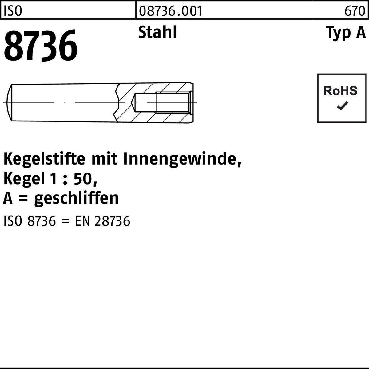 F. REYHER Kegelstifte ISO 8736 mit Innengewinde A 6x16 mm Stahl Kegel 1:50