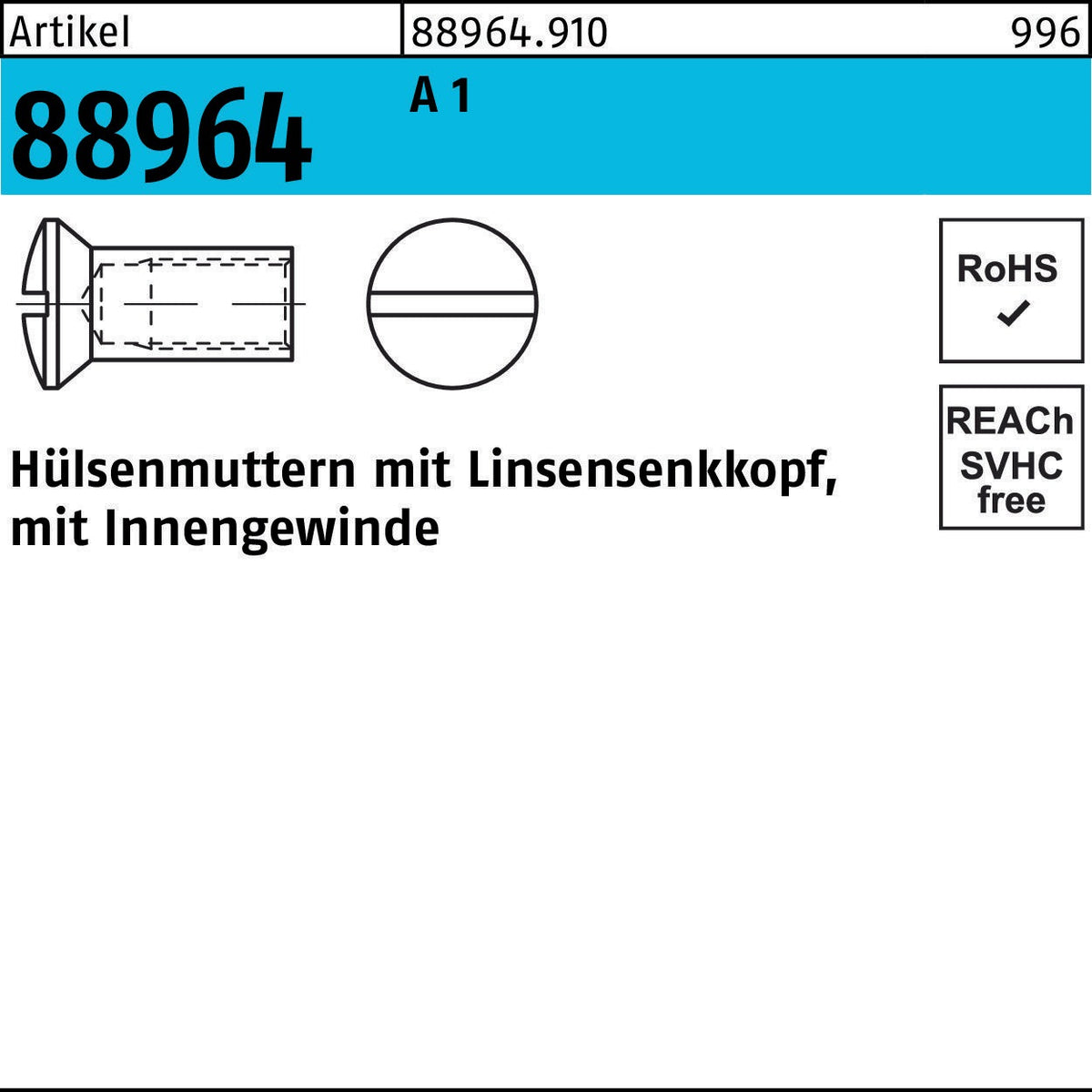 F. REYHER Hülsenmutter R 88964 Liko IG M4x7 Messing vernickelt 200 Stück