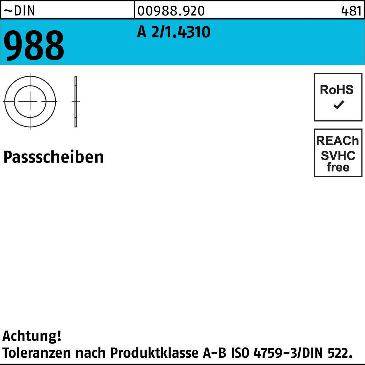 F. REYHER Passscheibe DIN 988 14x20x1 mm A2 Edelstahl – 100 Stück
