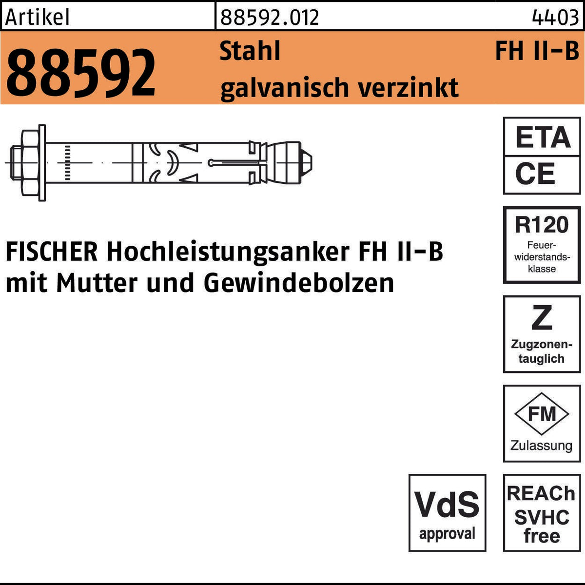 FISCHER Hochleistungsanker FH II-B 10/10, Stahl galvanisch verzinkt