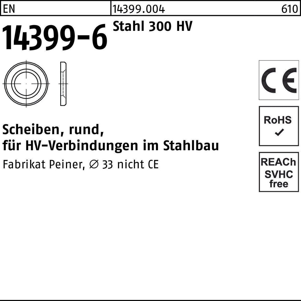 F. REYHER Scheibe EN 14399-6 rund 33 (34x60x5) Stahl 300 HV für HV-Verbindungen im Stahlbau