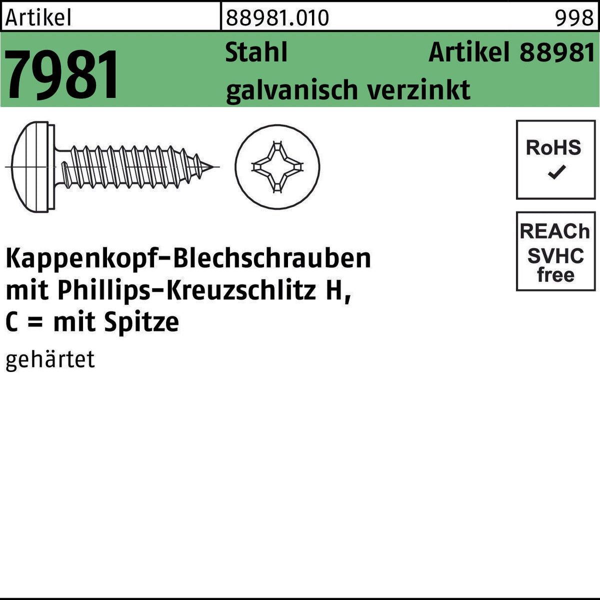 F. REYHER Kappenkopf-Blechschraube R 88981 PH 3,9x9,5 mm Stahl galvanisch verzinkt