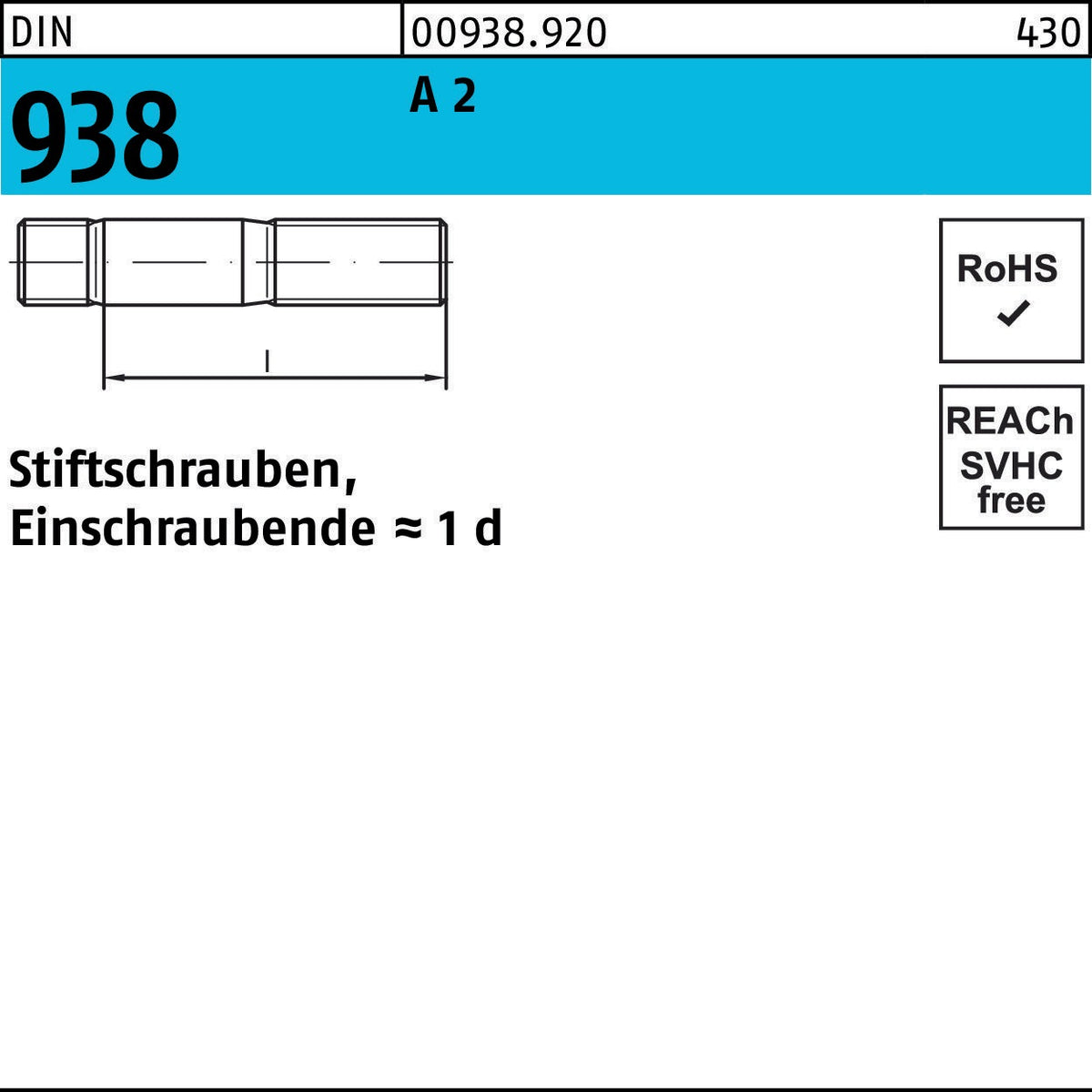 F. REYHER Stiftschraube DIN 938 M12x55 A2 – 10 Stück