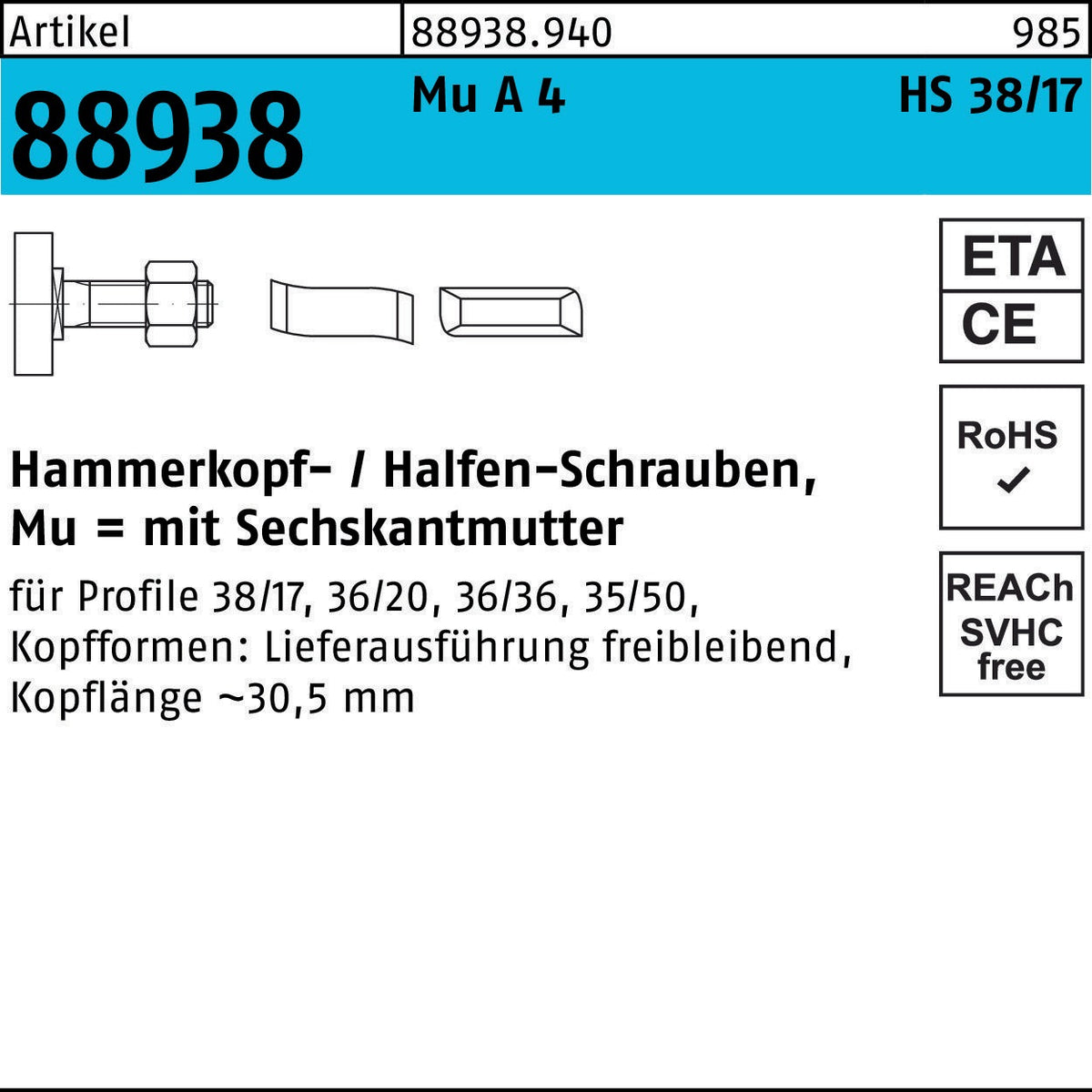 HALFEN Hammerkopfschraube R 88938 Typ 38/17 M10x20 mit Sechskantmutter