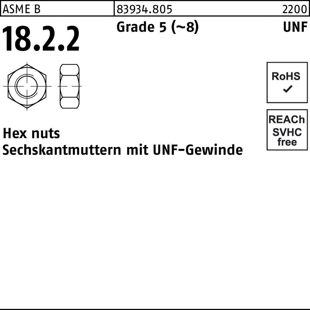 F. REYHER Sechskantmutter R 83934 UNF-Gewinde 1/4 Grade 8