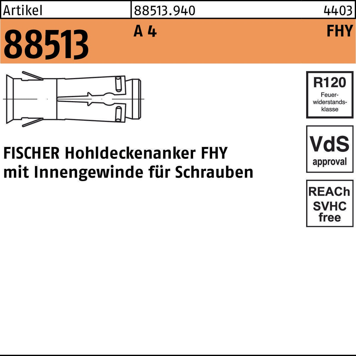 FISCHER Hohldeckenanker FHY M6 Stahl galvanisch verzinkt 50 Stück