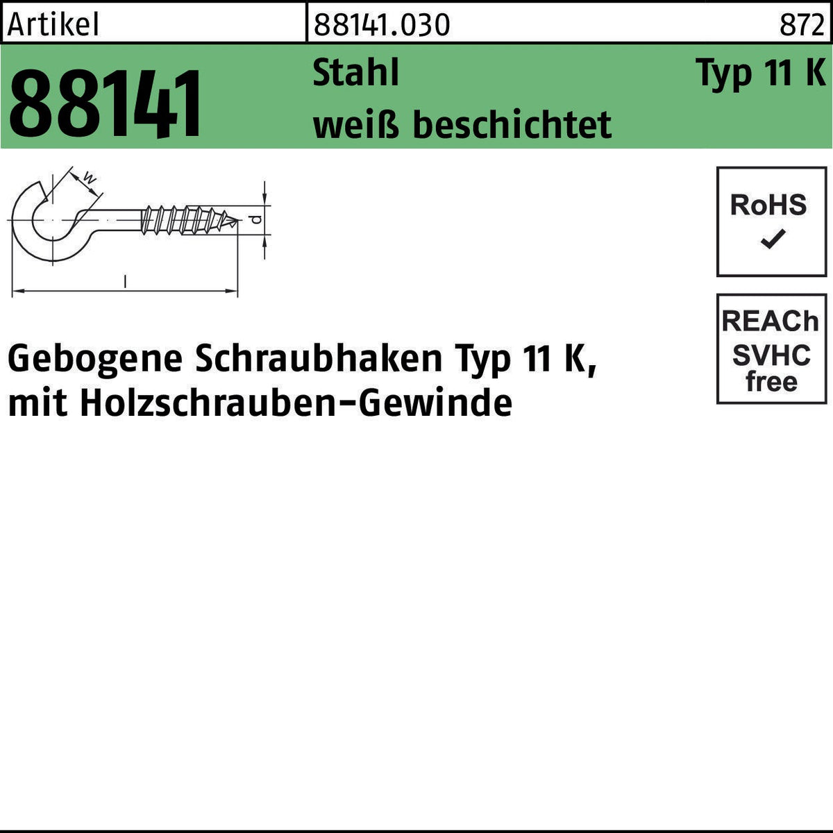 REYHER Schraubhaken R 88141 Typ 11 K gebogen Stahl weiß beschichtet 100 Stück