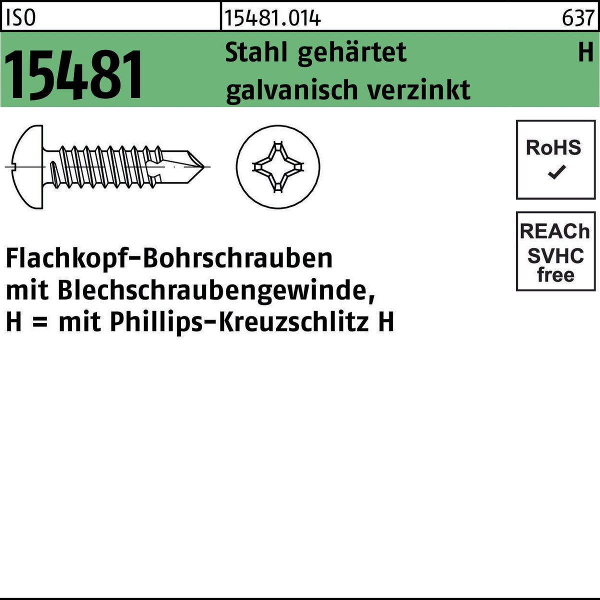 F. REYHER Flachkopf-Bohrschraube ISO 15481 PH ST 2,9x9-H, Stahl gehärtet, galvanisch verzinkt