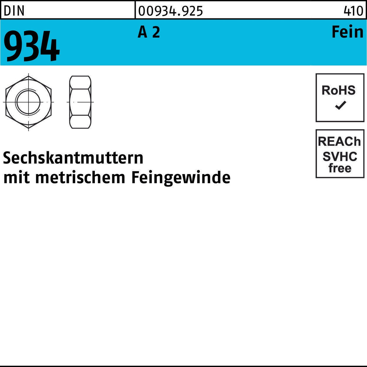 Sechskantmutter DIN 934 M6 x 0,75 A2 Feingewinde, 100 Stück von F. REYHER