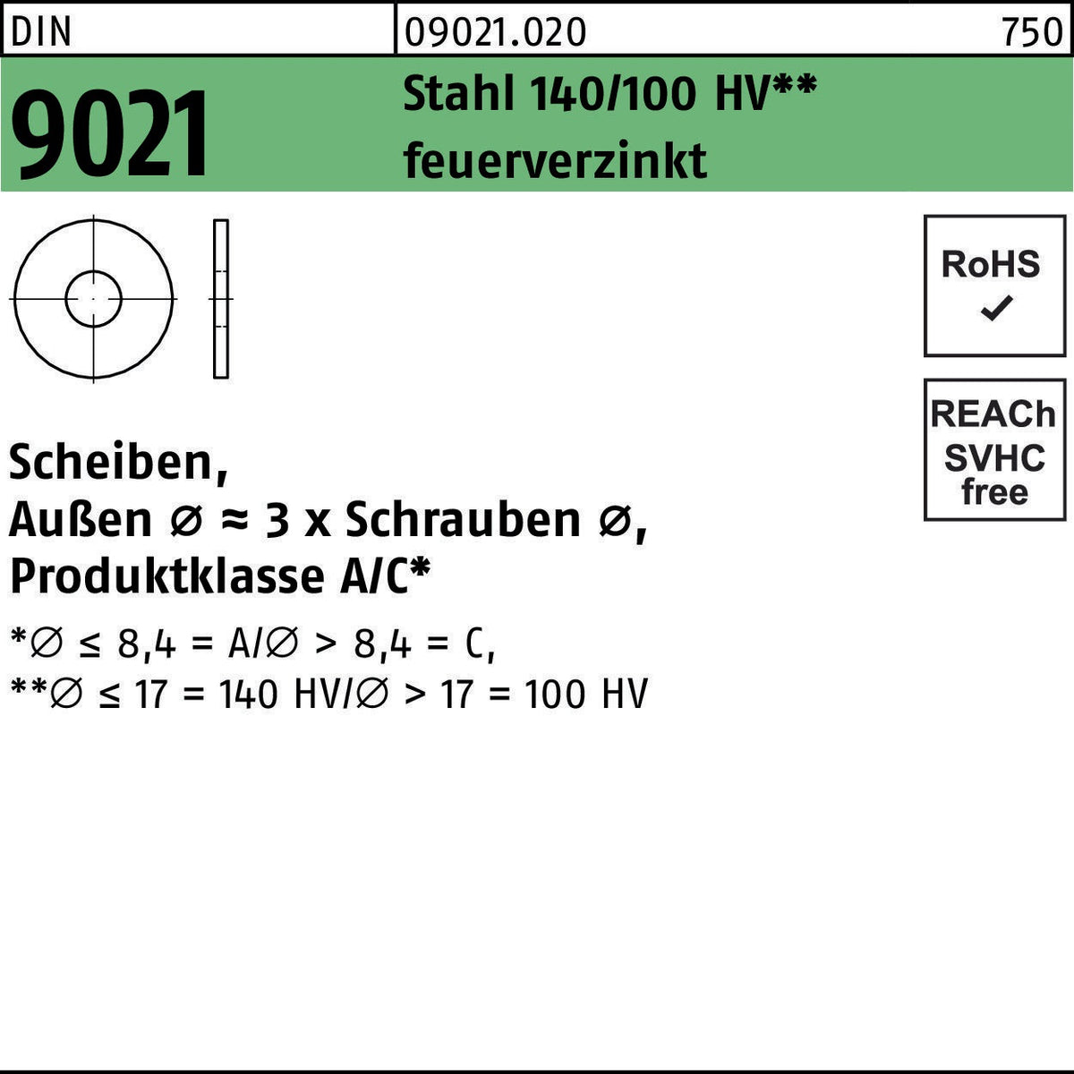 F. REYHER Unterlegscheiben DIN 9021 6,4x18x1,6 mm Stahl feuerverzinkt 1000 Stück