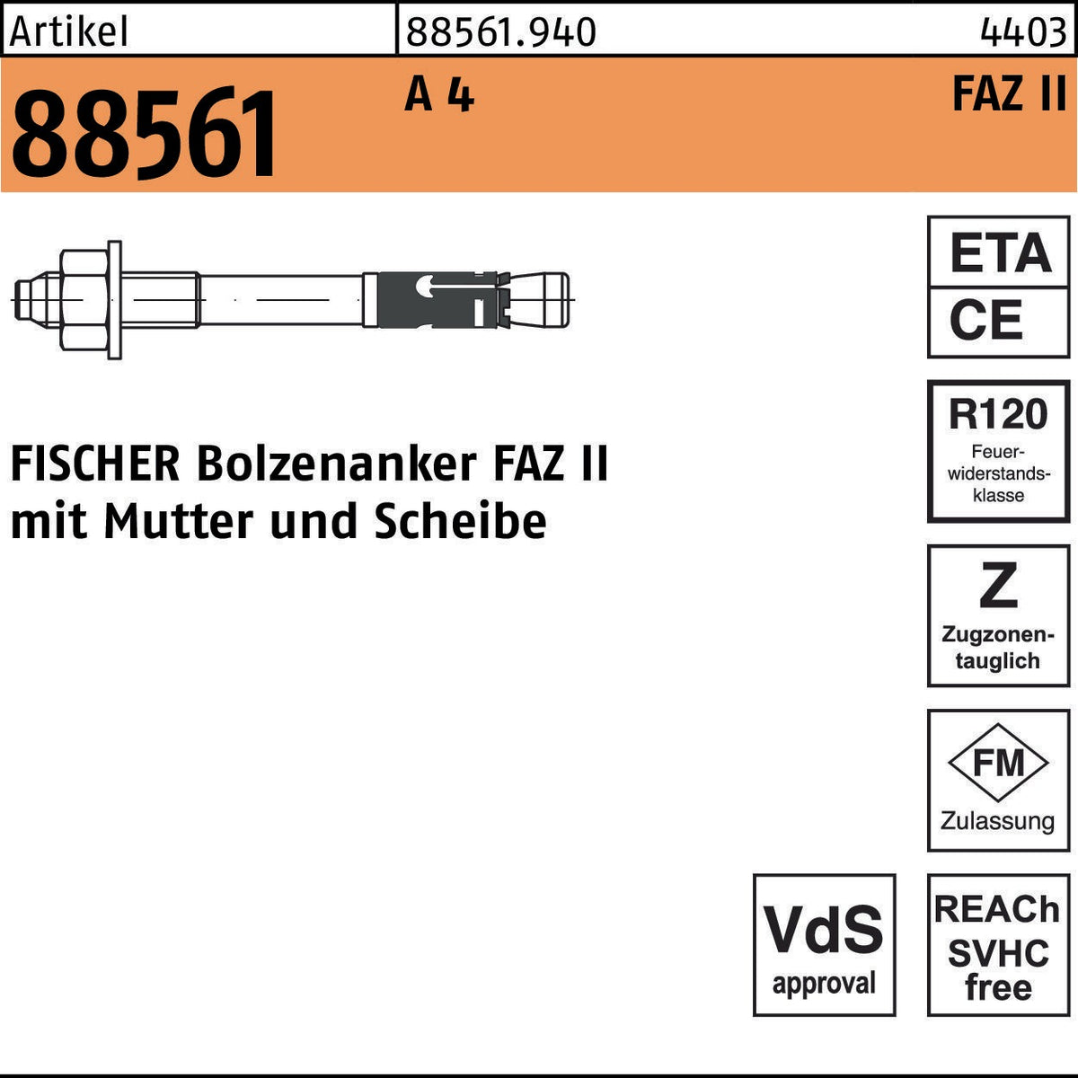 FISCHER Bolzenanker FAZ II 8/10 Stahl galvanisch verzinkt