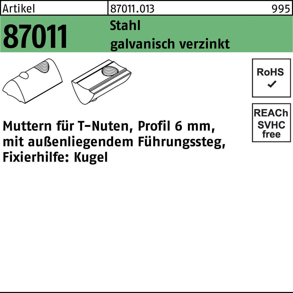T-Nutenmutter R 87011 mit Führungssteg außen 6 mm M5 Stahl galvanisch verzinkt – 100 Stück