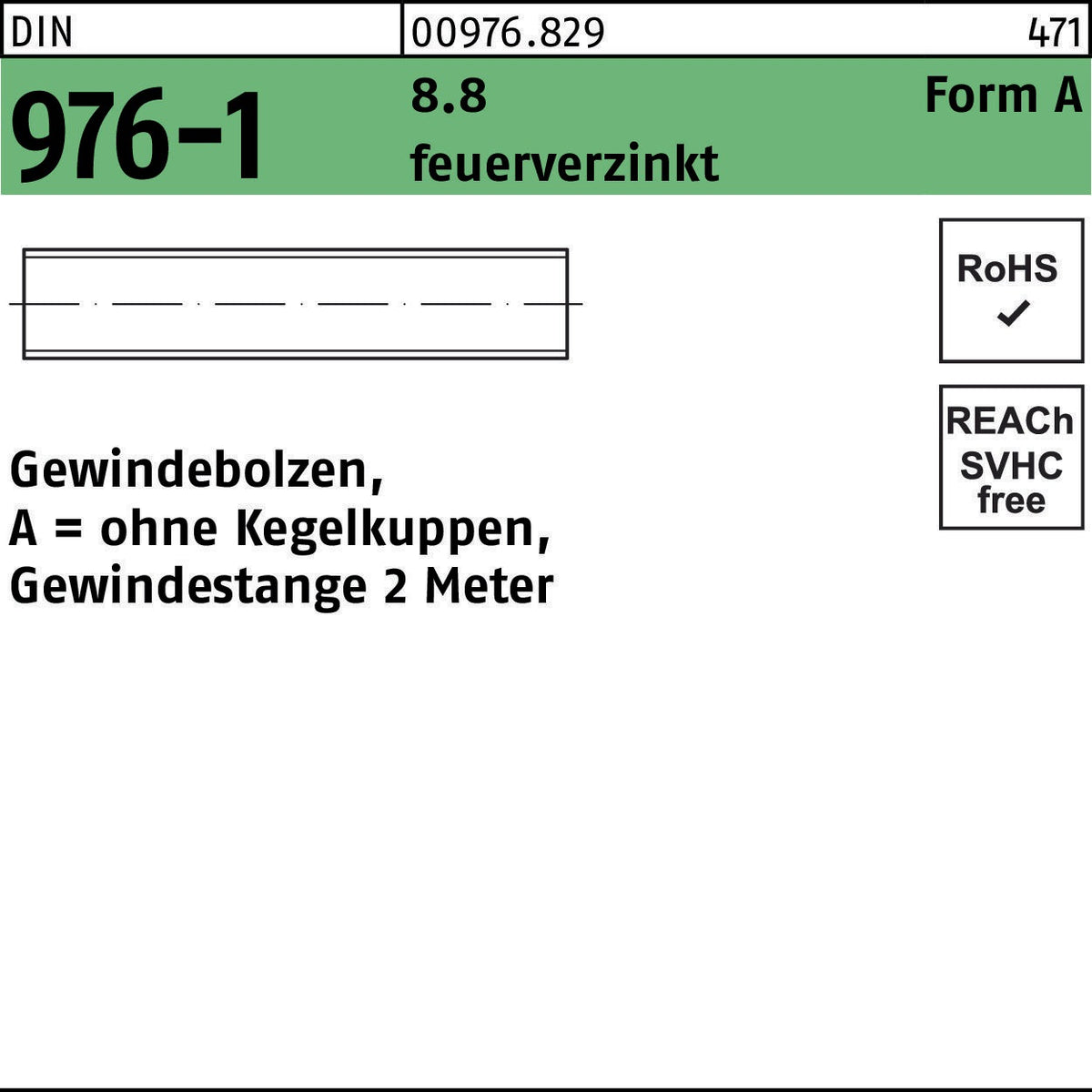 F. REYHER Gewindebolzen DIN 976 Form A AM 12x2000 mm 8.8 feuerverzinkt – 1 Stück