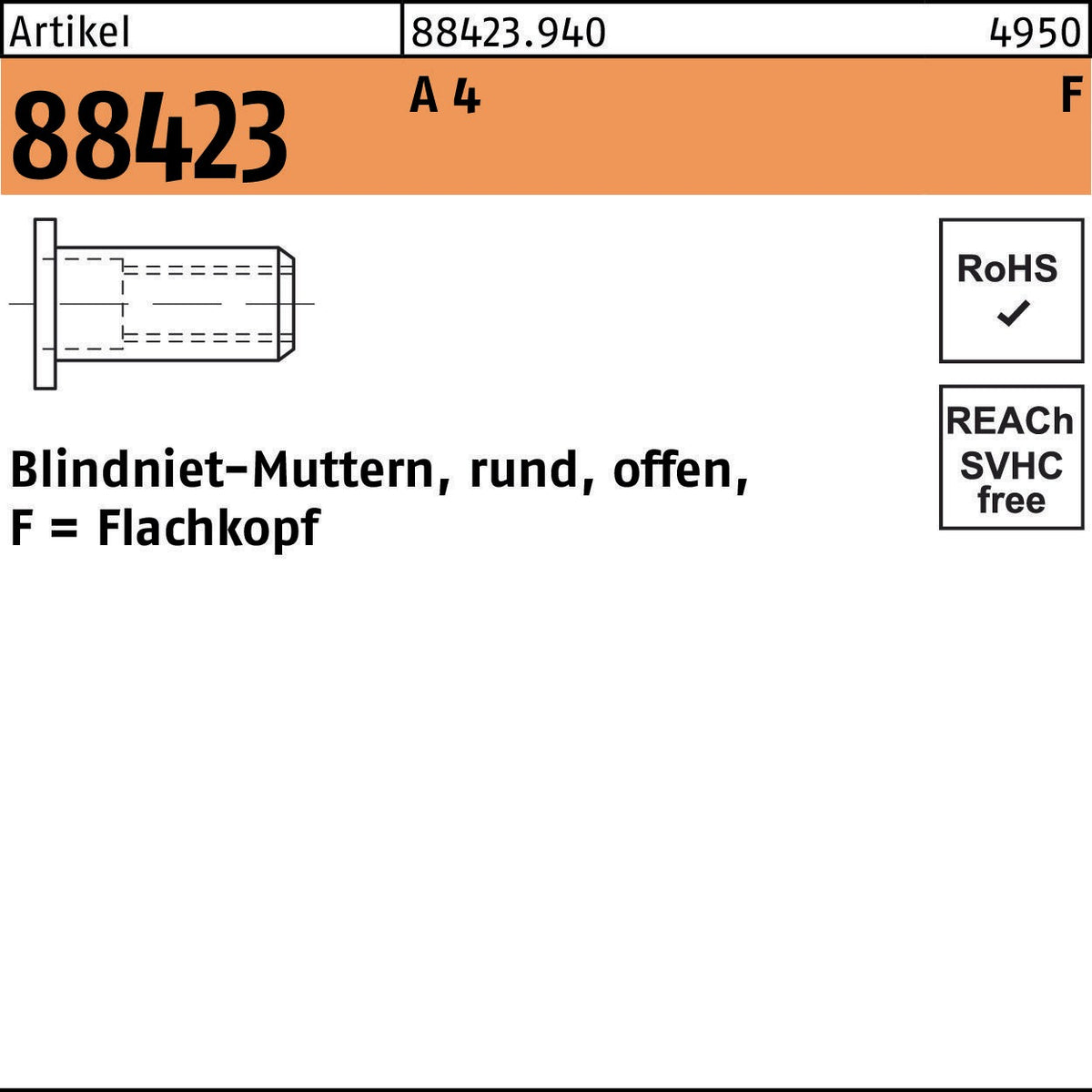 FLAKO Blindnietmutter R 88423 Flachkopf M4 Stahl galvanisch verzinkt 500 Stück