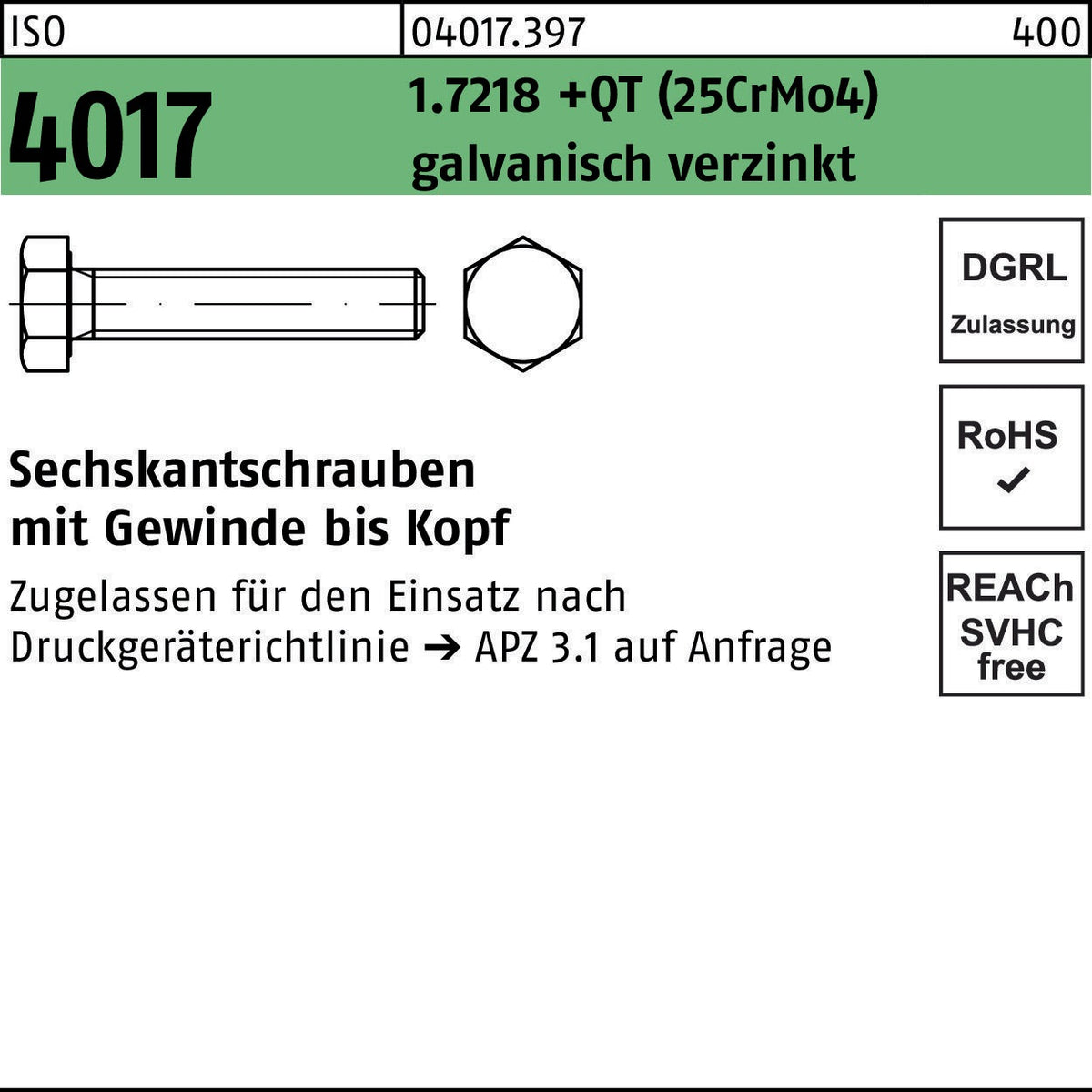 BUFAB Sechskantschraube ISO 4017 VG M16x65 1.7218 +QT (25CrMo4) galvanisch verzinkt