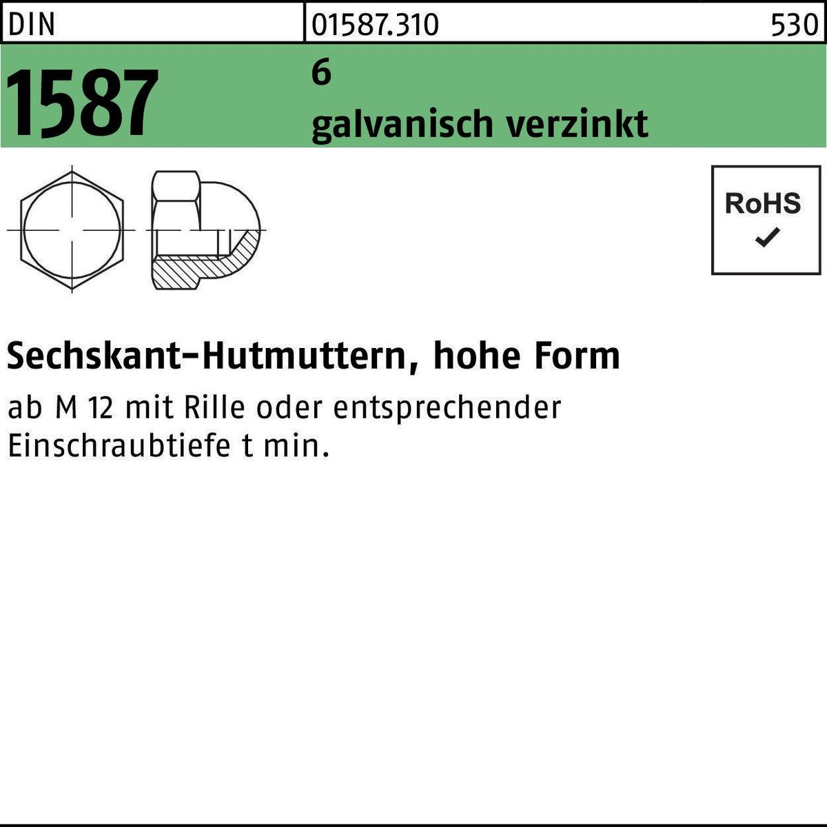 Sechskanthutmutter DIN 1587 M8, galvanisch verzinkt, 500 Stück von F. REYHER