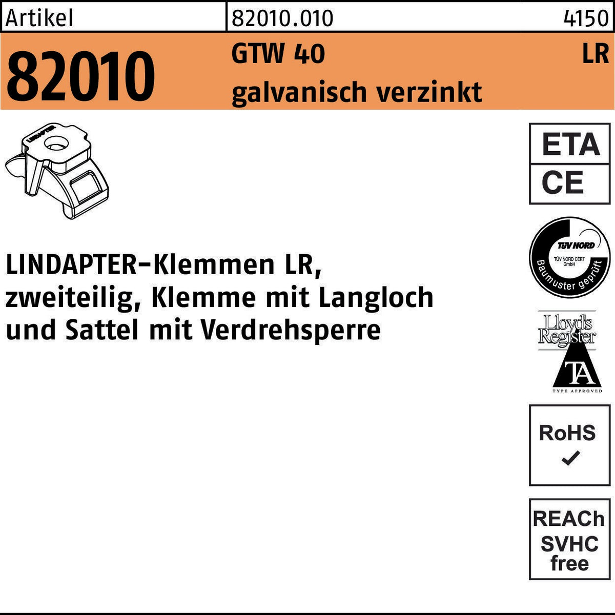 LINDAPTER Klemme R 82010 GTW 40 LR – M12/3-12, galvanisch verzinkt, zweiteilig