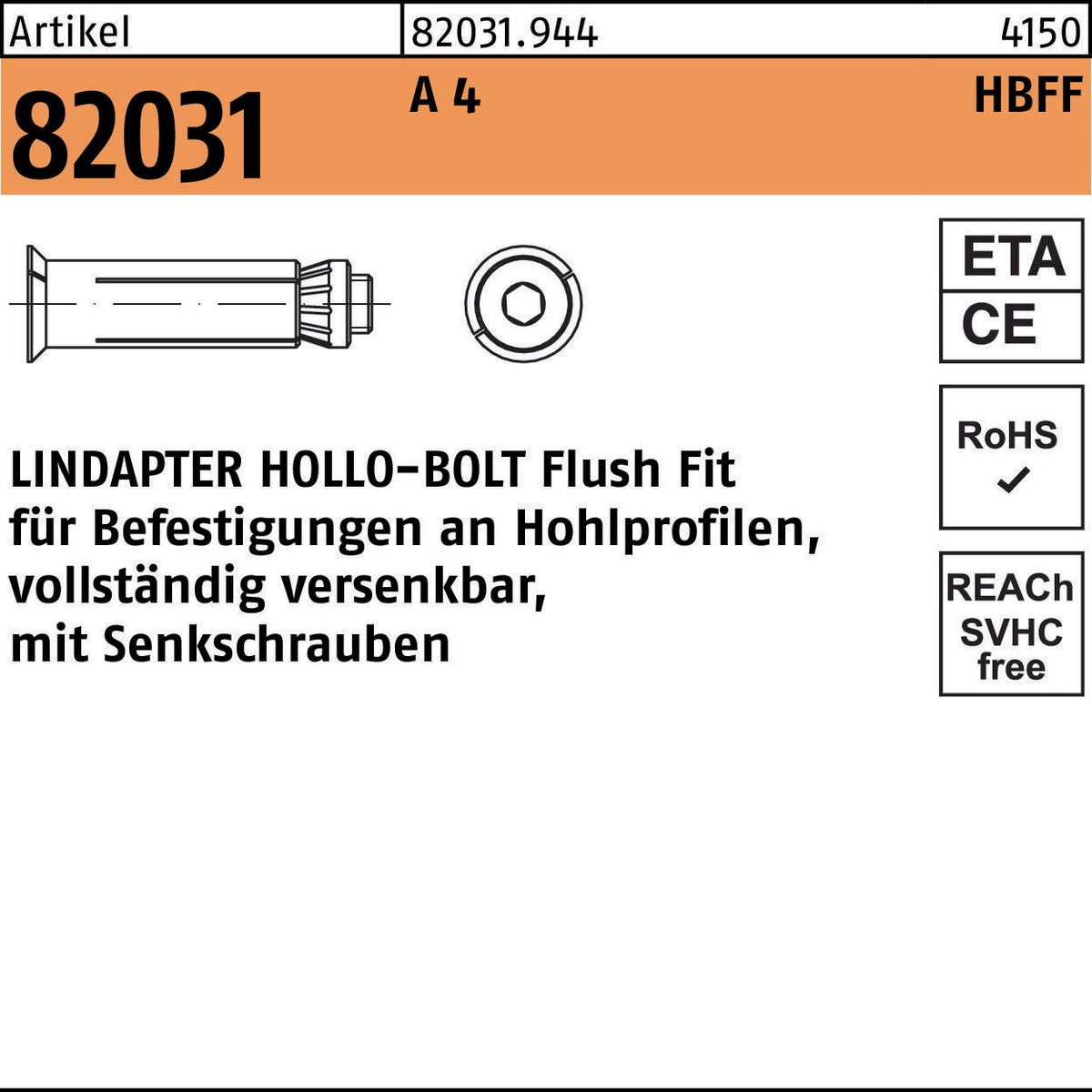 LINDAPTER Hohlraumdübel R 82031 HBFF 08-1 A4 – Vollständig versenkbare Befestigung für Hohlprofile