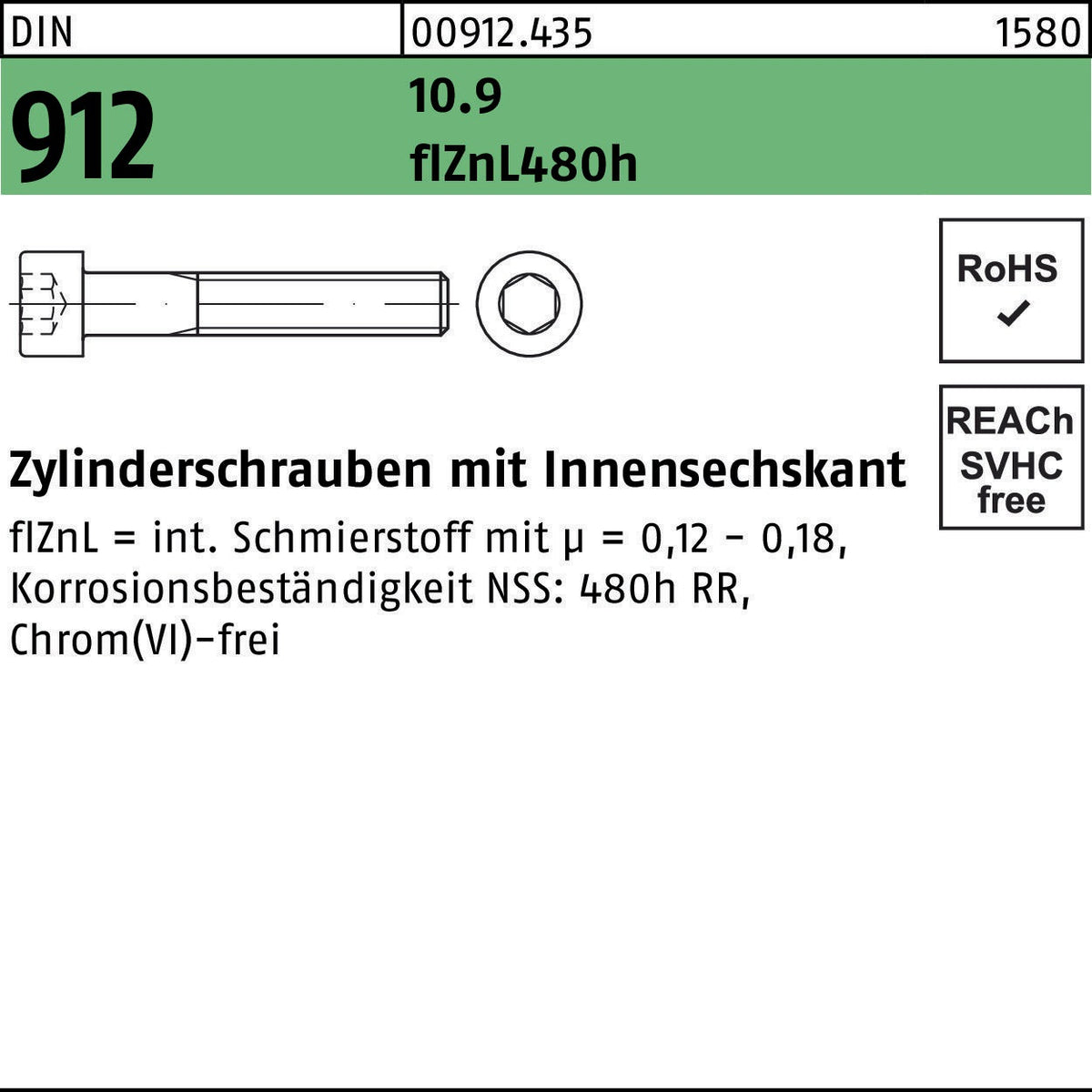 F. REYHER Zylinderschraube DIN 912 Innensechskant M4x35 10.9 flZnL 480h 500 Stück