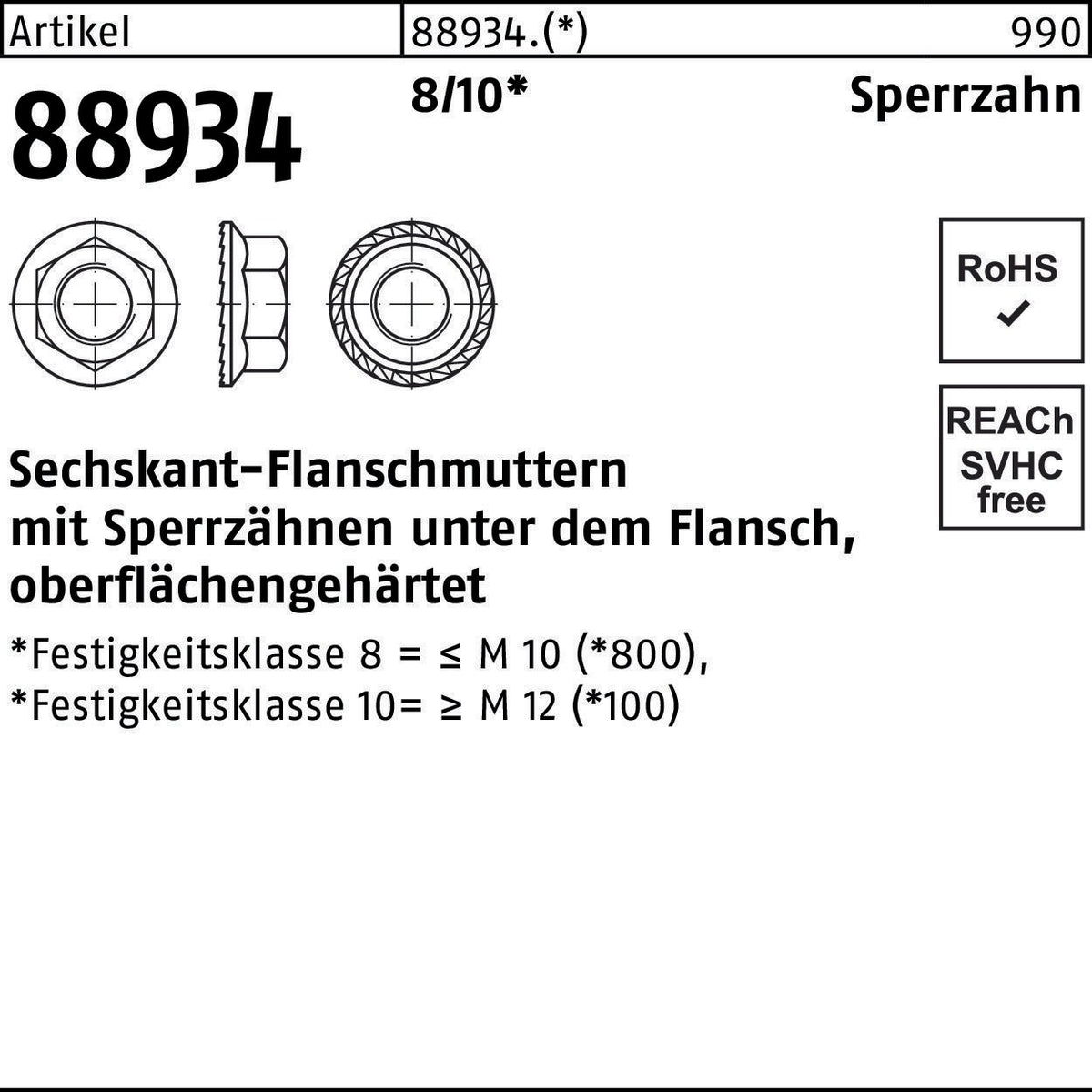 REYHER Sechskantflanschmutter R 88934 Sperrzahn M12, 100 Stück, oberflächengehärtet