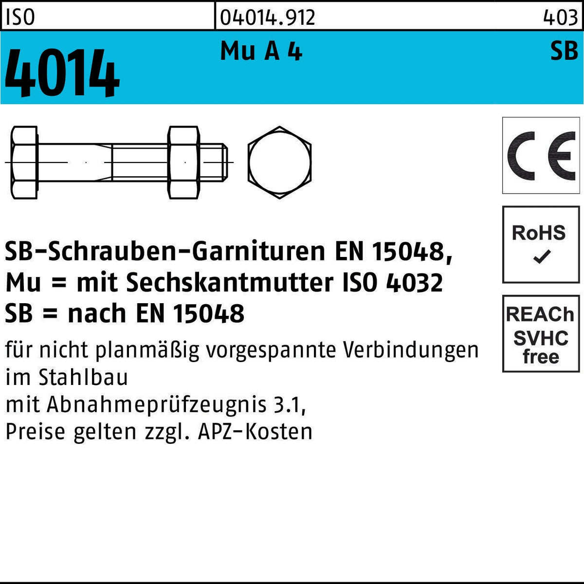 Sechskantschraube ISO 4014 M12x60 mit Mutter, Mu A 4-70, SB-Garnitur, 50 Stück von F. REYHER