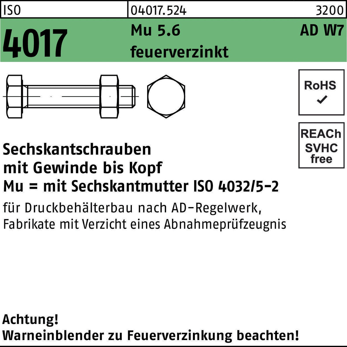 BUFAB Sechskantschraube ISO 4017 M16x35 5.6 feuerverzinkt mit Mutter