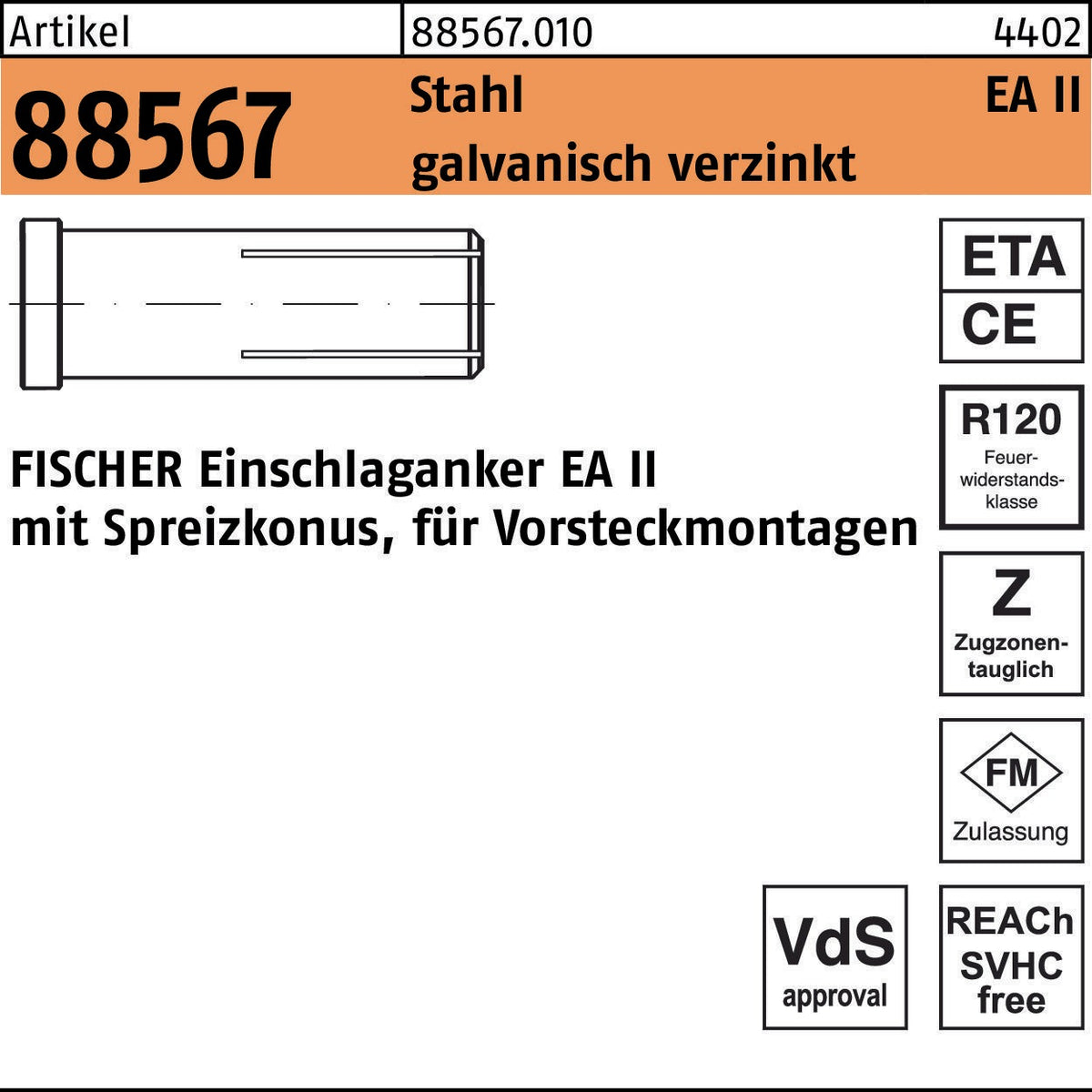 FISCHER Einschlaganker EA II M6x30 Stahl galvanisch verzinkt 100 Stück