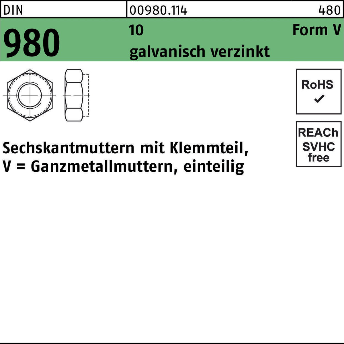 F. REYHER Sechskantmutter DIN 980 Klemmteil Form V M6 galvanisch verzinkt 1000 Stück