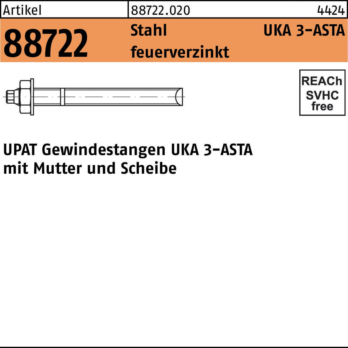 UPAT Ankerstange R 88722 ASTA M8x110 Stahl galv. verzinkt 10 Stück