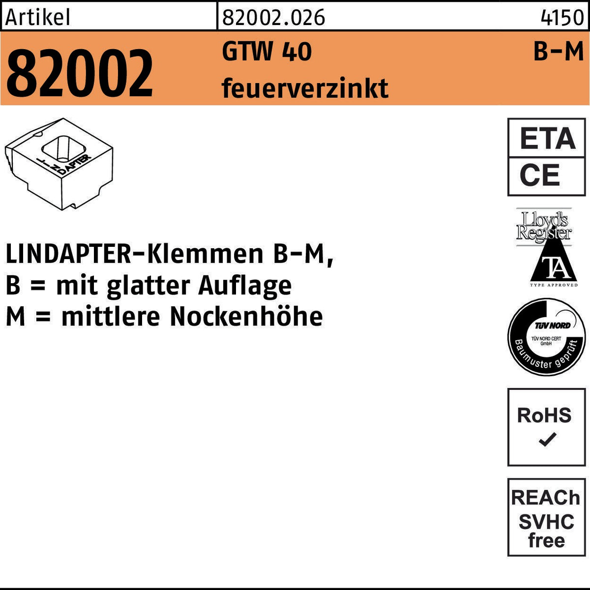 LINDAPTER Klemmen B-K GTW 40, 10 mm, galvanisch verzinkt