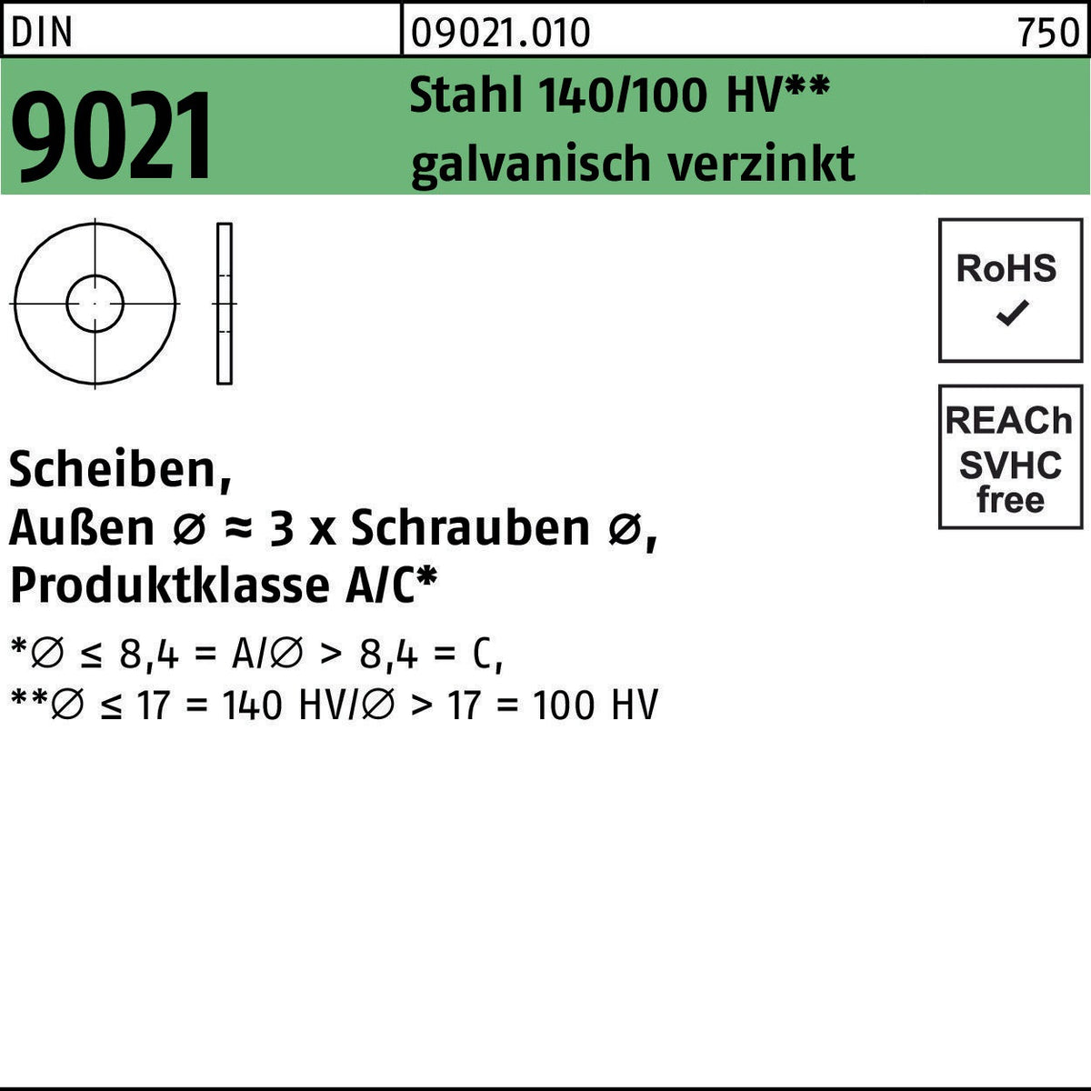 F. REYHER Unterlegscheibe DIN 9021 3,2 x 9 x 0,8 mm Stahl 140/100 HV galvanisch verzinkt 10000 Stück