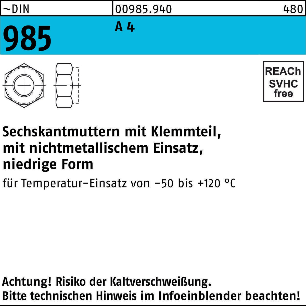 F. REYHER Sechskantmutter DIN 985 M 20 A 4 mit Klemmteil – 25 Stück