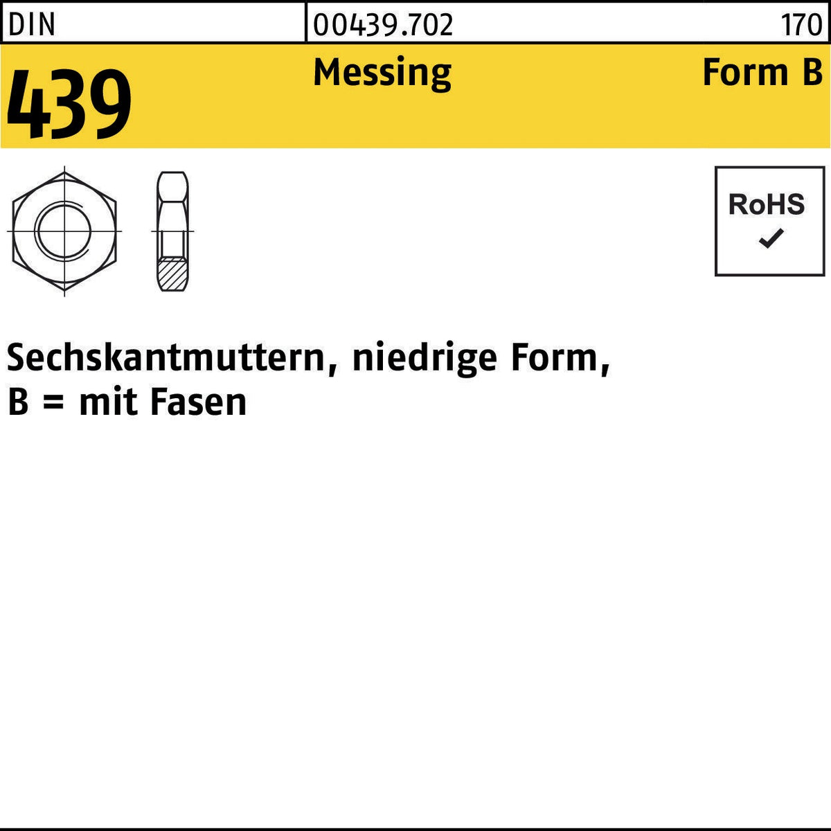 Sechskantmutter DIN 439/ISO 4035 Form B Messing M2 von F. REYHER – 1000 Stück