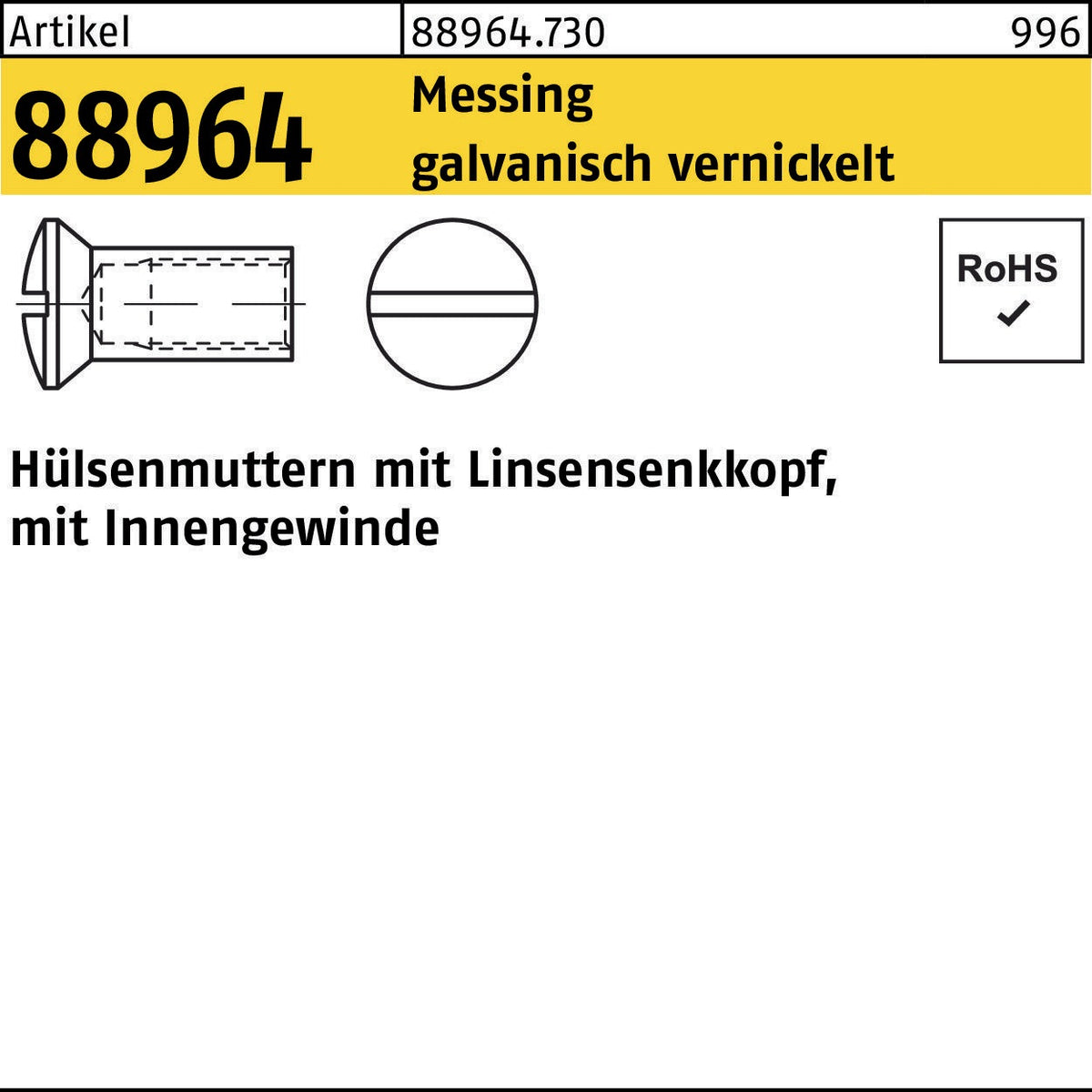 F. REYHER Hülsenmutter R 88964 Liko IG M4x7 Messing vernickelt 200 Stück