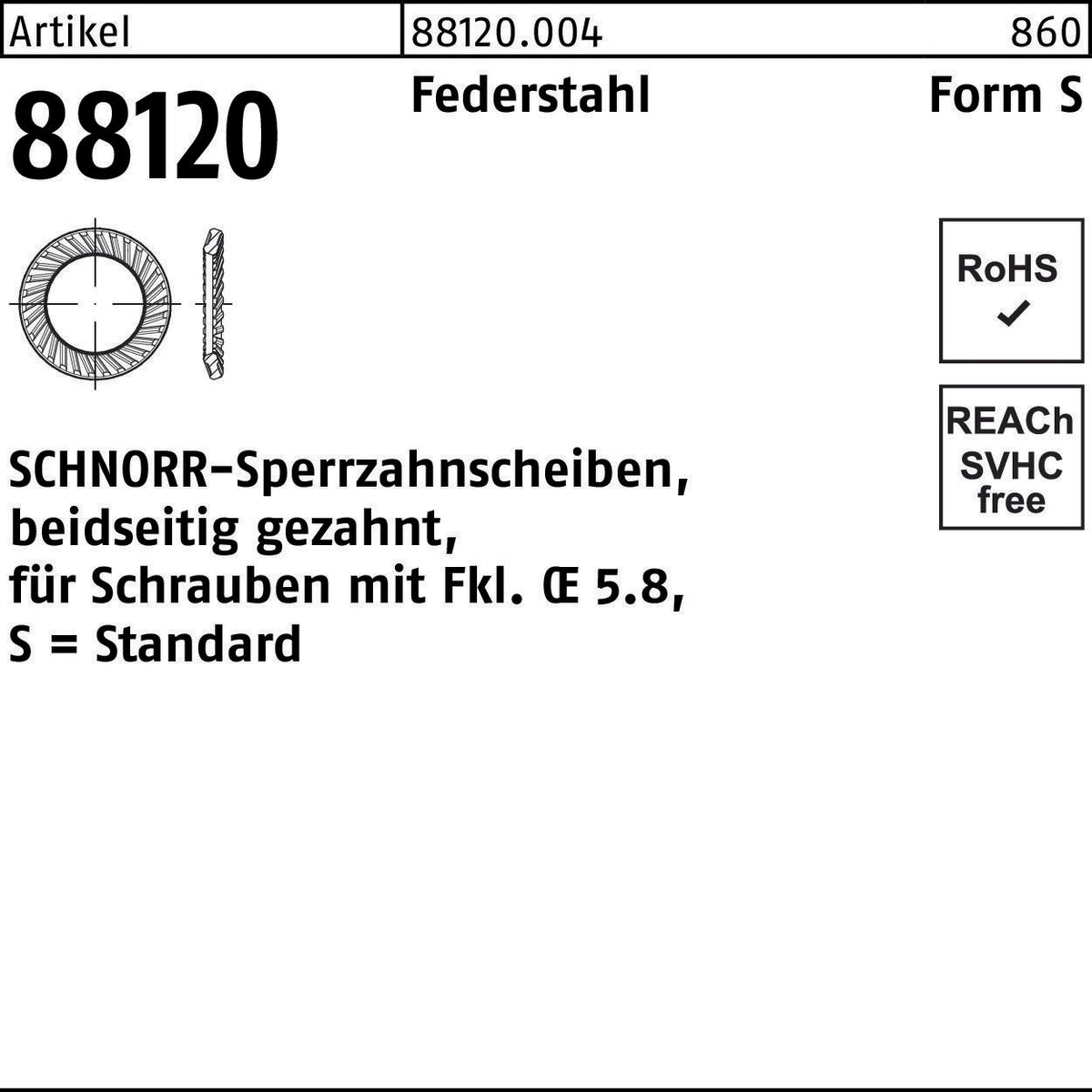SCHNORR Sperrzahnscheibe R 88120 beidseitig gezahnt S18x27x1,5 Federstahl 250 Stück