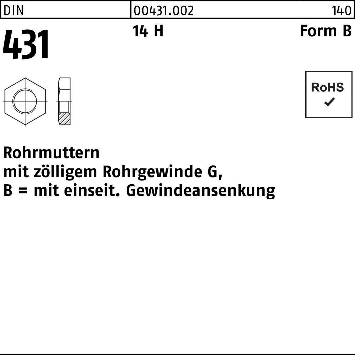Rohrmutter DIN 431 BG 1/8 SW19 14 H Form B – 50 Stück von F. REYHER Nchfg. GmbH & Co. KG