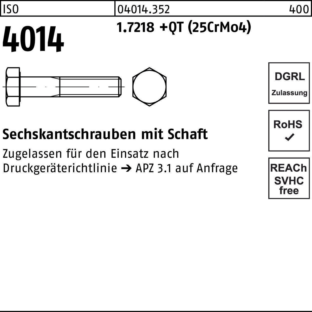 F. REYHER Sechskantschraube ISO 4014 M16x180 aus 25CrMo4 – Hochfeste Schraube mit Schaft