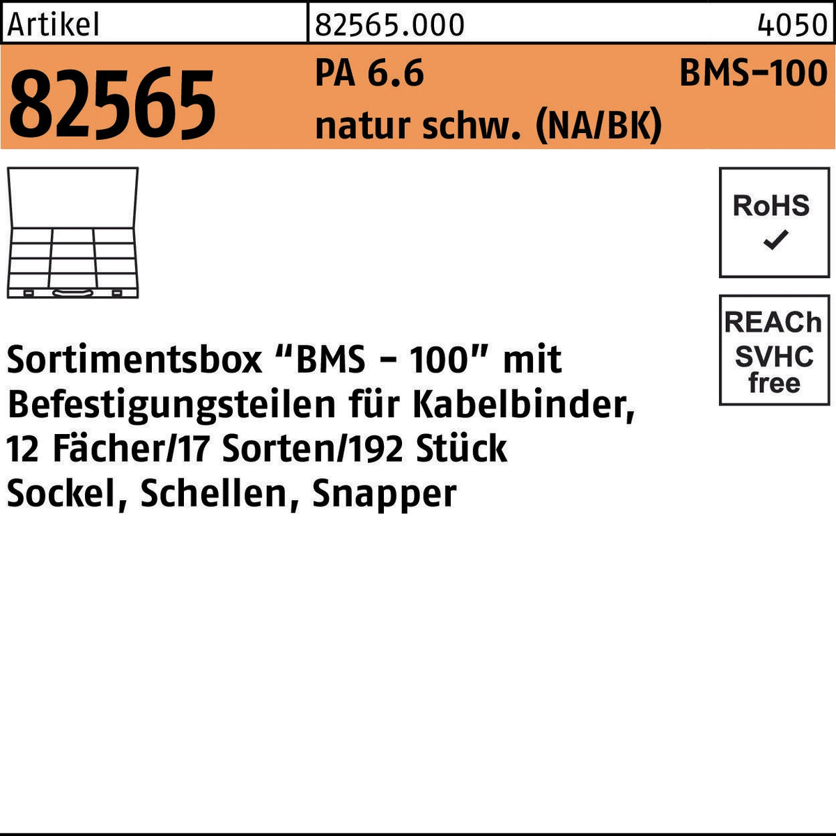 HELLERMANNTYTON Sortimentsbox BMS-100 für Kabelbinder – 192 Teile, 12 Fächer, PA 6.6