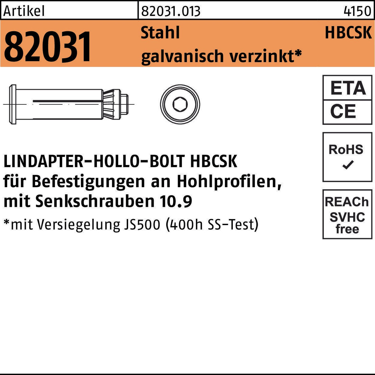 LINDAPTER Hohlraumdübel R 82031 HBCSK 08-1 Senkschraube 10.9 galvanisch verzinkt