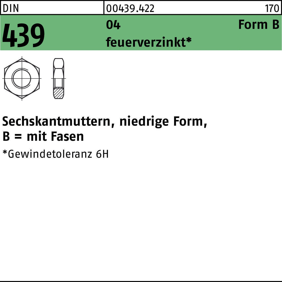 Sechskantmutter DIN 439/ISO 4035 Form B M20 feuerverzinkt, 50 Stück von F. REYHER